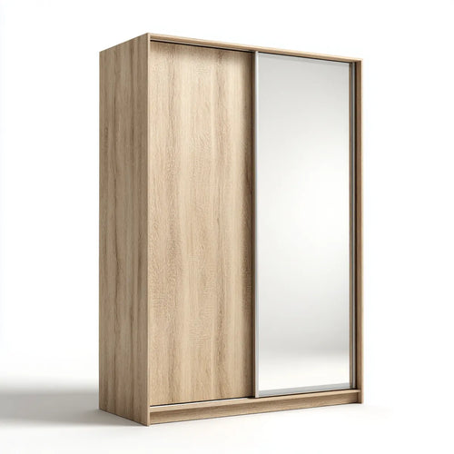 Armoire penderie à portes coulissantes chêne clair avec miroir 120 x 60 x 200 cm en panneaux de particules mélaminés rectangulaire