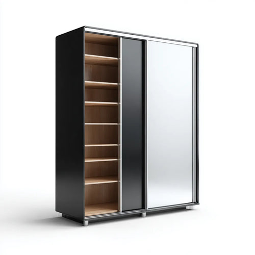 Armoire de chambre à portes coulissantes noire et marron 180 x 60 x 200 cm en MDF mélaminé avec miroir rectangulaire