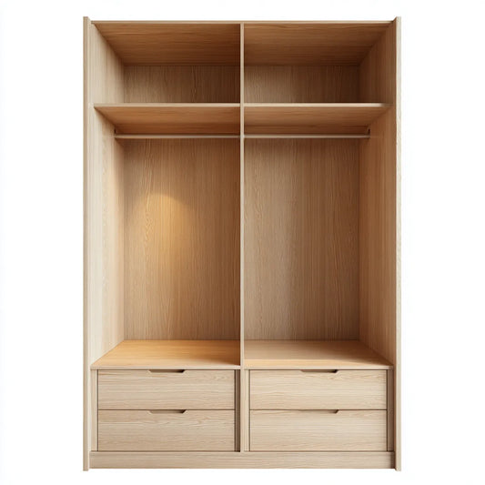 Armoire dressing ouverte 2 penderies 4 tiroirs chêne clair rectangulaire 120 x 60 x 200 cm en panneaux MDF plaqués chêne
