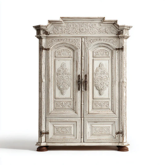 Armoire de chambre 2 portes blanc vieilli 120 x 55 x 200 cm bois massif sculpté rectangulaire