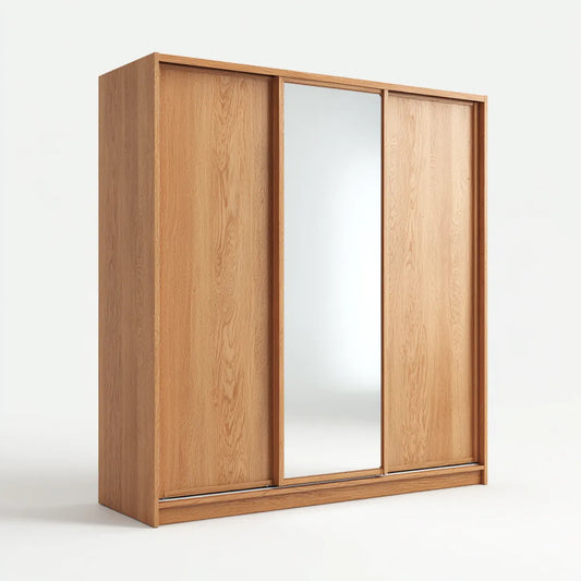 Armoire à portes coulissantes chêne clair 180 x 60 x 200 cm en panneaux de particules mélaminés avec miroir rectangulaire