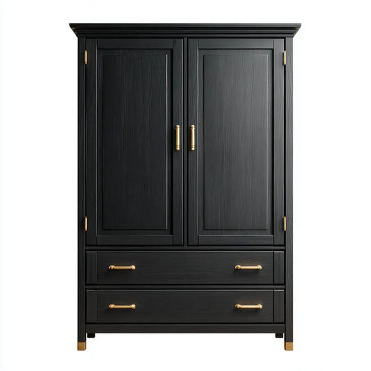 Armoire de chambre 2 portes 2 tiroirs noire et dorée en panneaux MDF rectangulaire 100 x 55 x 200 cm