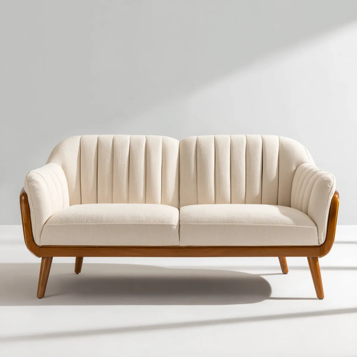 Canapé droit 2 places crème 160 x 78 x 83 cm en polyester et bois massif