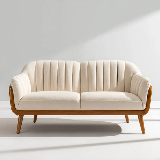 Canapé droit 2 places crème 160 x 78 x 83 cm en polyester et bois massif