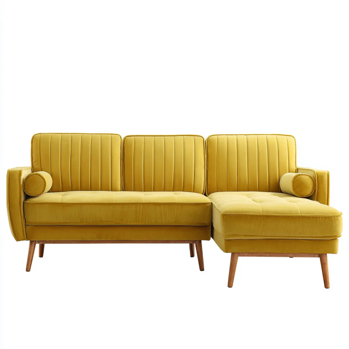 Canapé d’angle 3 places jaune moutarde 230 x 150 x 85 cm en velours de polyester forme L