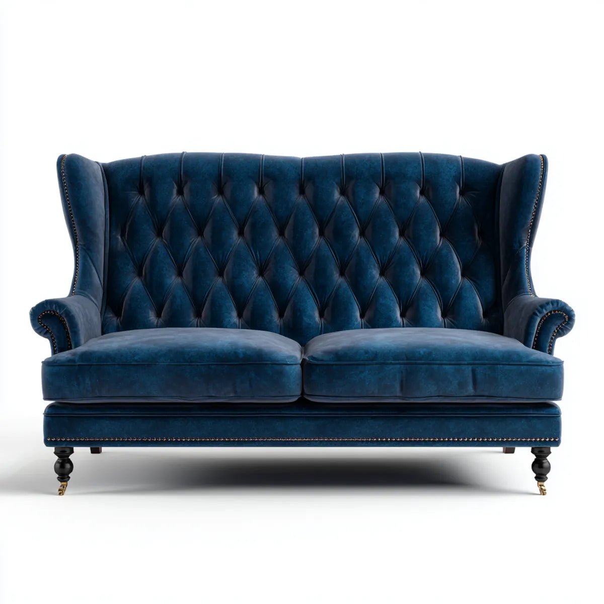 Canapé 2 places Chesterfield droit bleu nuit en velours de polyester 180 x 88 x 105 cm